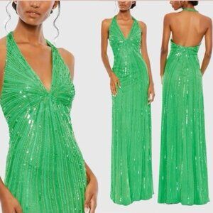 NWT Mac Duggal Size 14 Green 10898 Halter Neck Sequin Gown Dress Prom Formal NWT